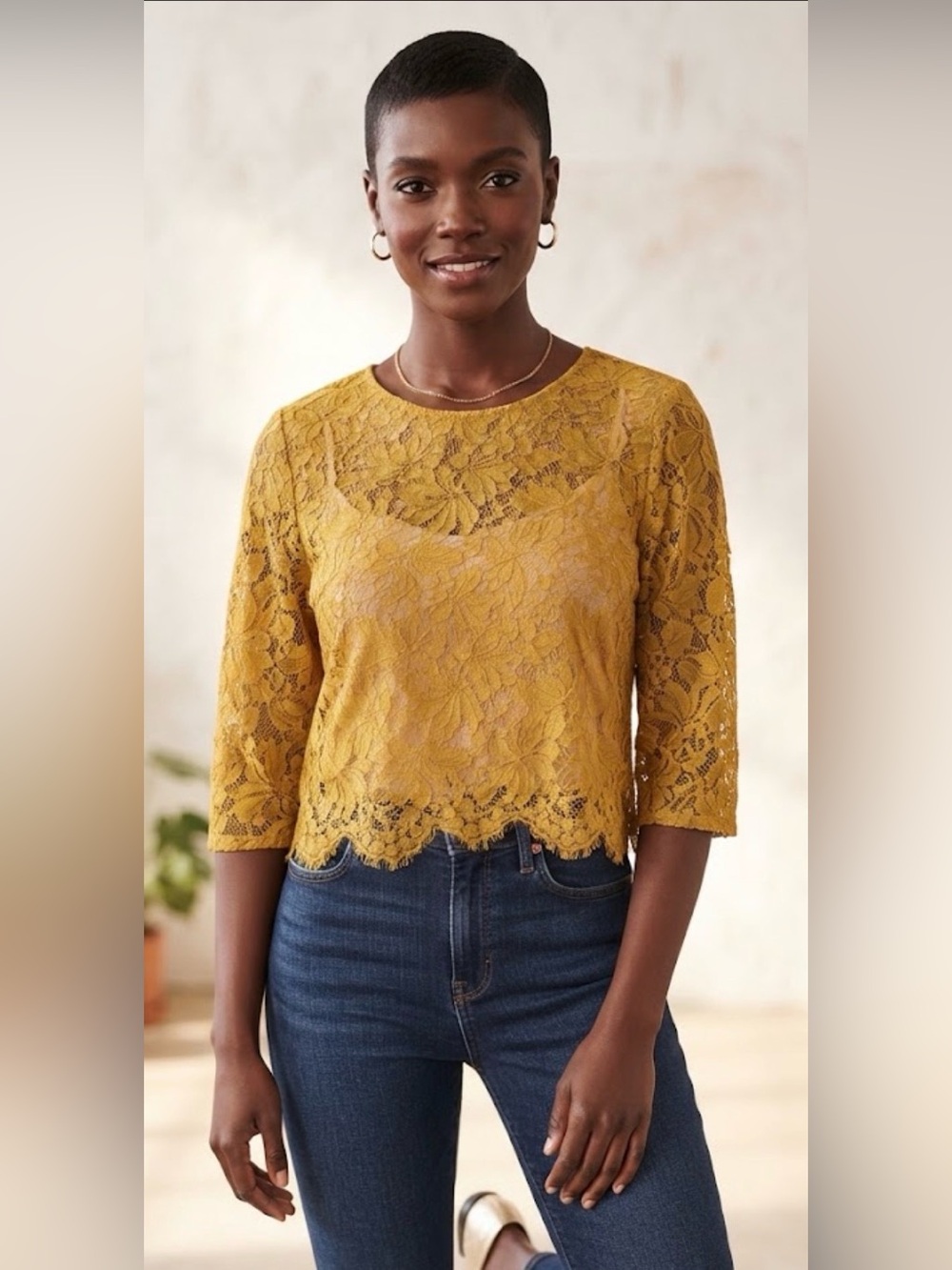 Zara Mustard Yellow Lace Cropped Blouse Medium